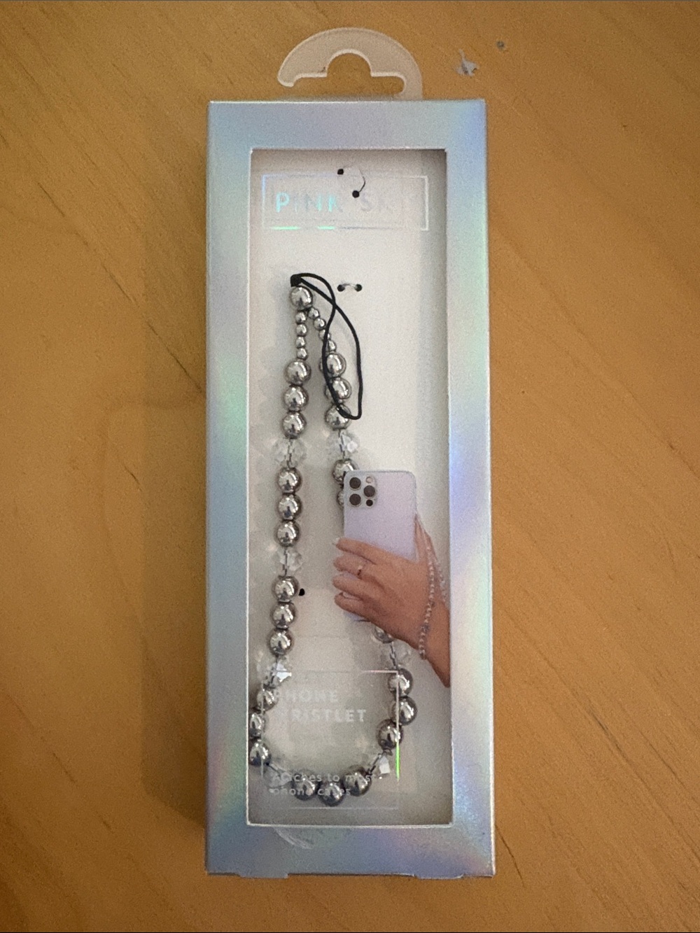 Pink Sky Silver Beaded Phone Wrist Strap in Holographic Box